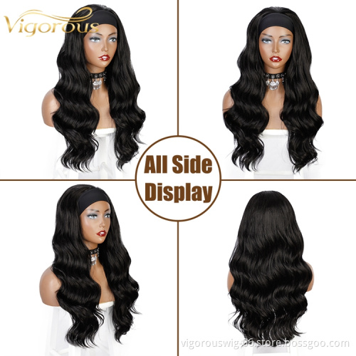Cheap Price Body Wave Headband Wigs Long Black Glueless Wigs Women Synthetic Heat Resistant Wigs Velvet Headband Attached